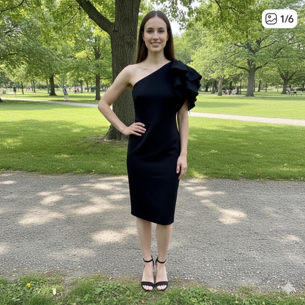 Jessica Howard One-Shoulder Black Dress with Ruffle
